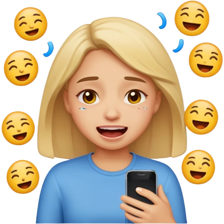 Girl crying laughing at a funny video on her phone. More emoji style. Less realistic emoji