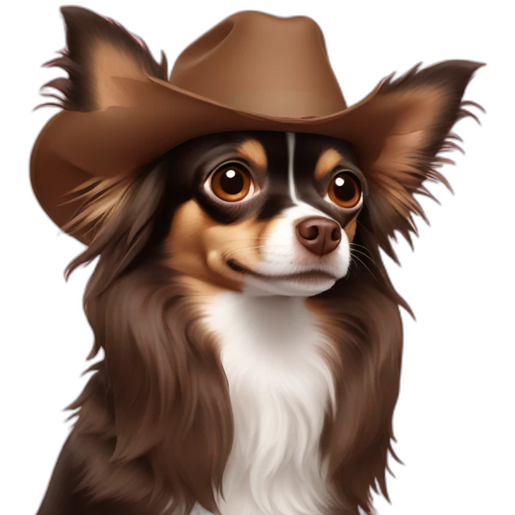 Chocolate long haired chihuahua wearing flat brim hat emoji