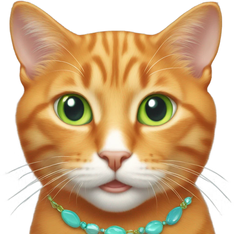 Orange cat with light blue necklace and green eyes emoji