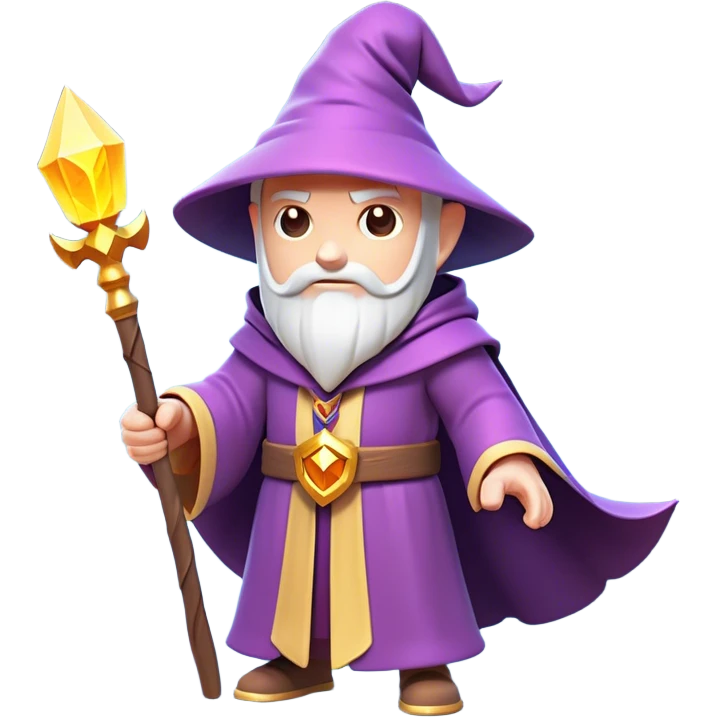 Clash of Clans aesthetic: Cinematic Playful Wizard Hero Emoji, rendered in a 3D vector-style similar to standard emojis with minimal shading and bold, simplified shapes. A compact, isometric figure draped in flowing enchanted robes and wielding a mystical staff, softly glowing with an arcane magical charm. Simplified yet unmistakably iconic, highly detailed and consistent, glowing with a soft radiant glow and high shine. Stylized with a touch of whimsical sorcery and a soft glowing outline, capturing the essence of a powerful wizard ready to cast spells with a friendly, playful spirit! emoji