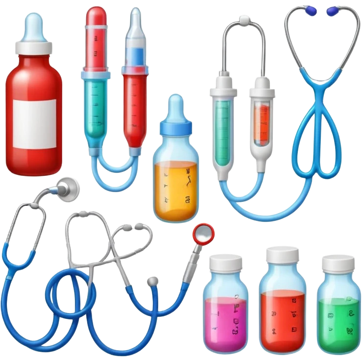 stethescope, heel lancet, medication, baby blood tubes, monitoring cables, baby bottle, cute scrapbooking paper,  emoji