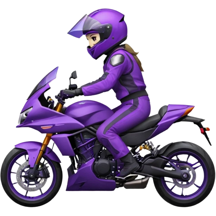 Créer un emoji avec une moto mt07 sport noir mate / violet iridescent très foncé. Avec une pilote dessus visière violet sombre faceless, bulle de la moto violet. Avec fond arrière violet, tenue complète casque inclus violet  emoji