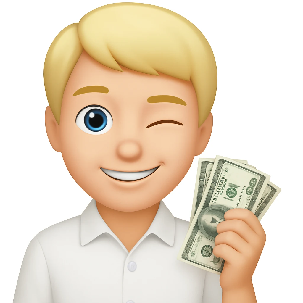 Emoji style, blonde man, blue eyes, white shirt, holding money, winking, no facial hair emoji