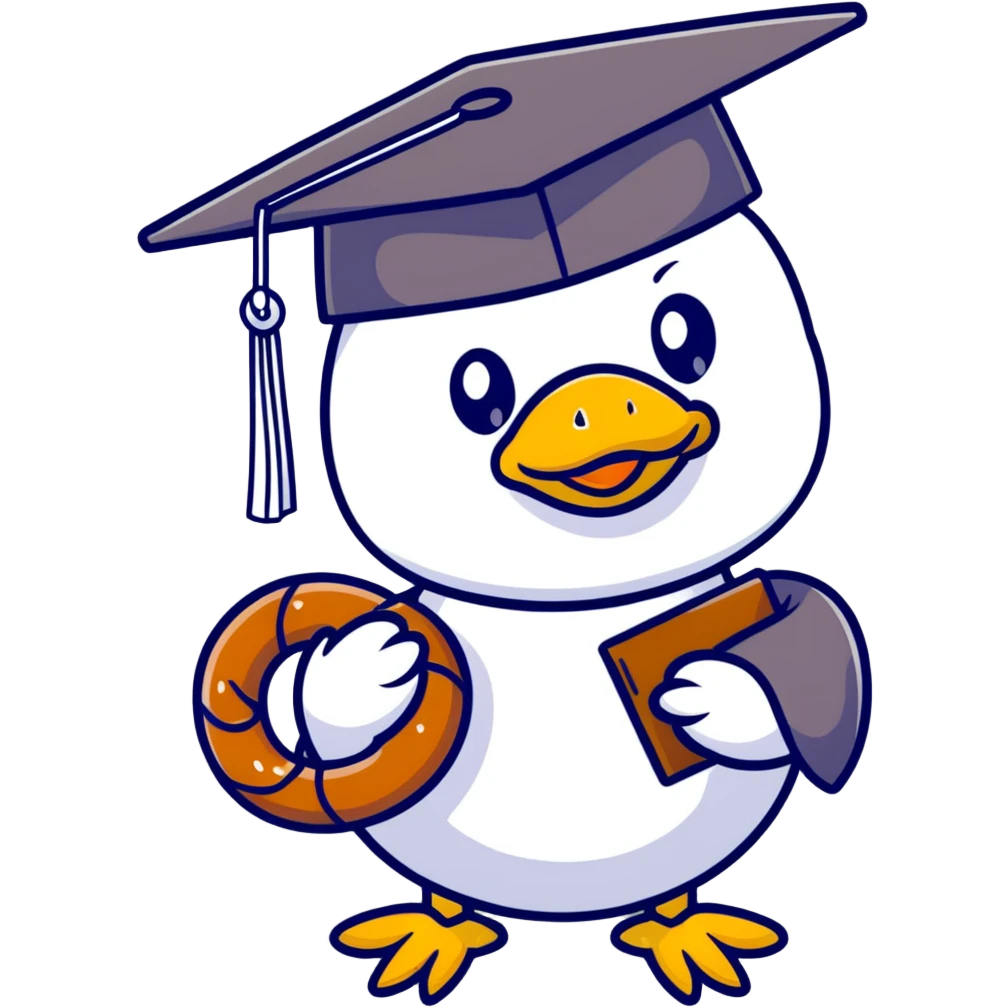 duck with bread graduation cap holding a pretzel emoji