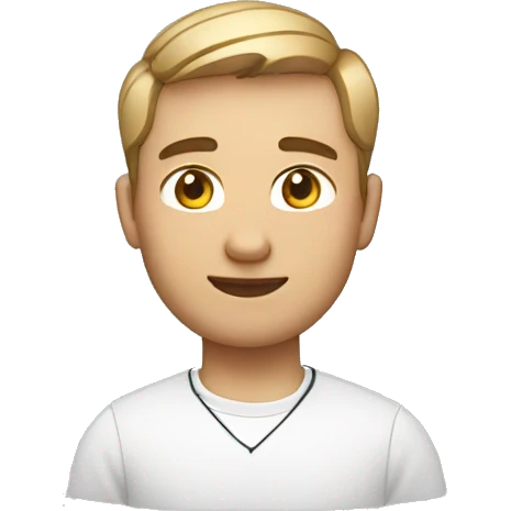 developer with a MacBook and AirPods with white shirt and short hair emoji