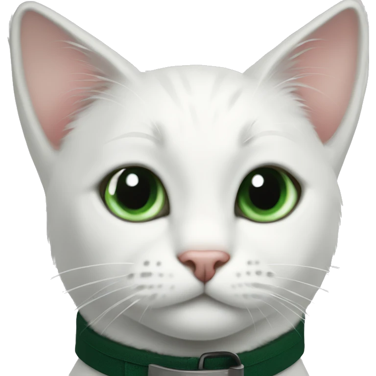 white cat with black spot on his head, black tail and black spot in his back and dark green collar emoji