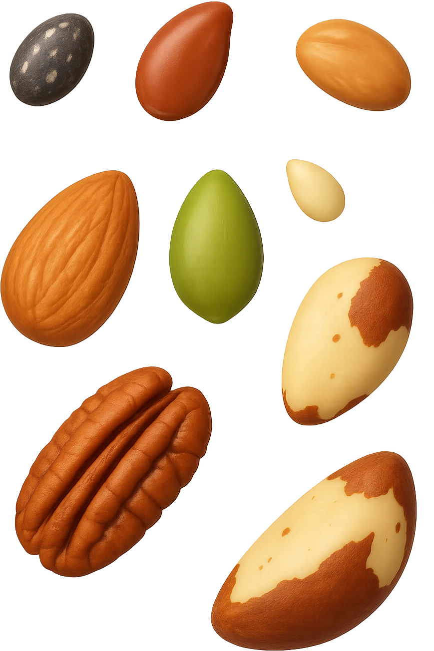 emoji stile iphone 3d di questi elementi che fluttuano in aria:

Semi di chia, lino, zucca, sesamo
Mandorle, noci pecan, noci brasiliane (porzioni limitate)

 che fluttuano sparse casualmente in aria, iperealistico 4k emoji