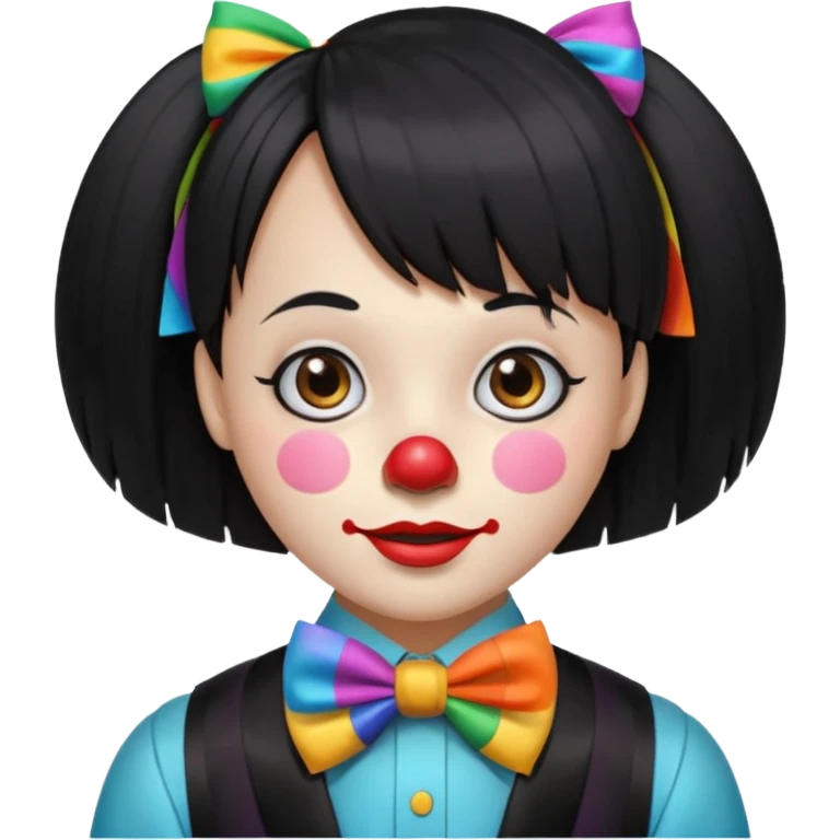 Uma palhaça om os cabelos pretos, longos, liso e com franja, olhos castanhos emoji