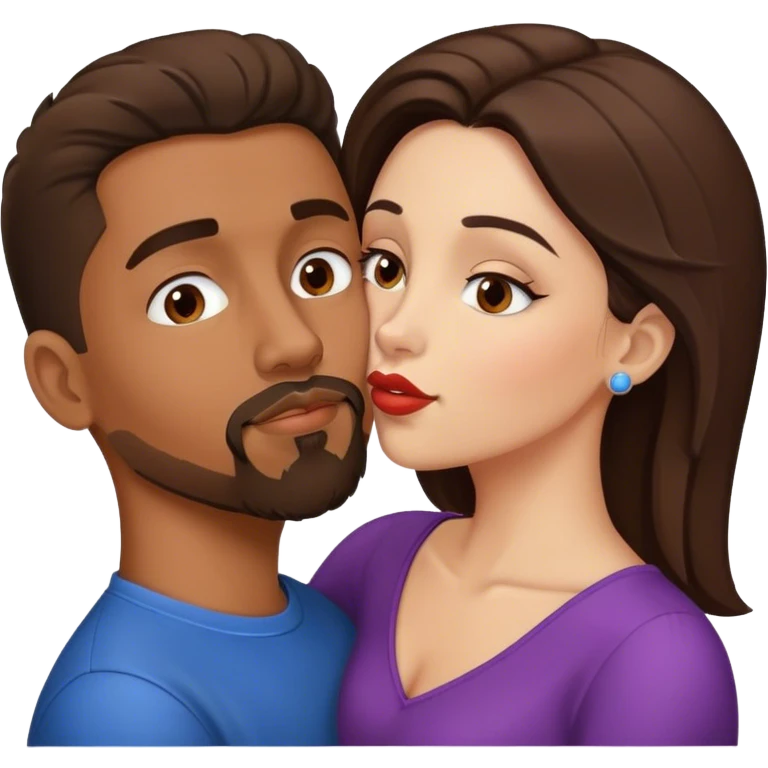 Intimate sfw kiss between brown Latino male with goatee and white brunette lover emoji