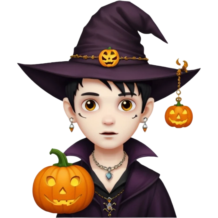 wampire boy with pumpkin hat and face tattooed and extra big earing emoji