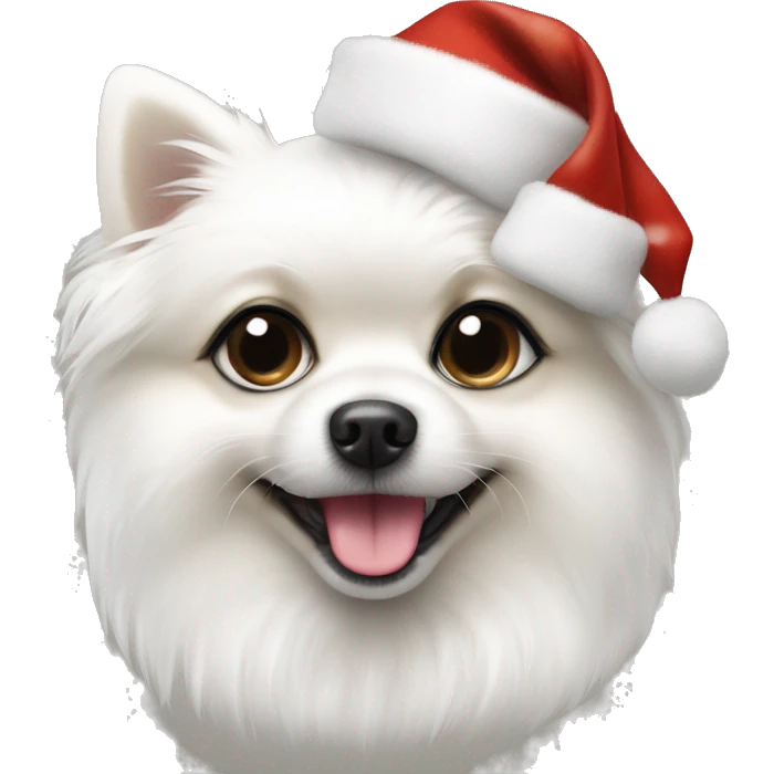 White dog pomeranian shpitz with black eyes wearing Christmas hat  emoji