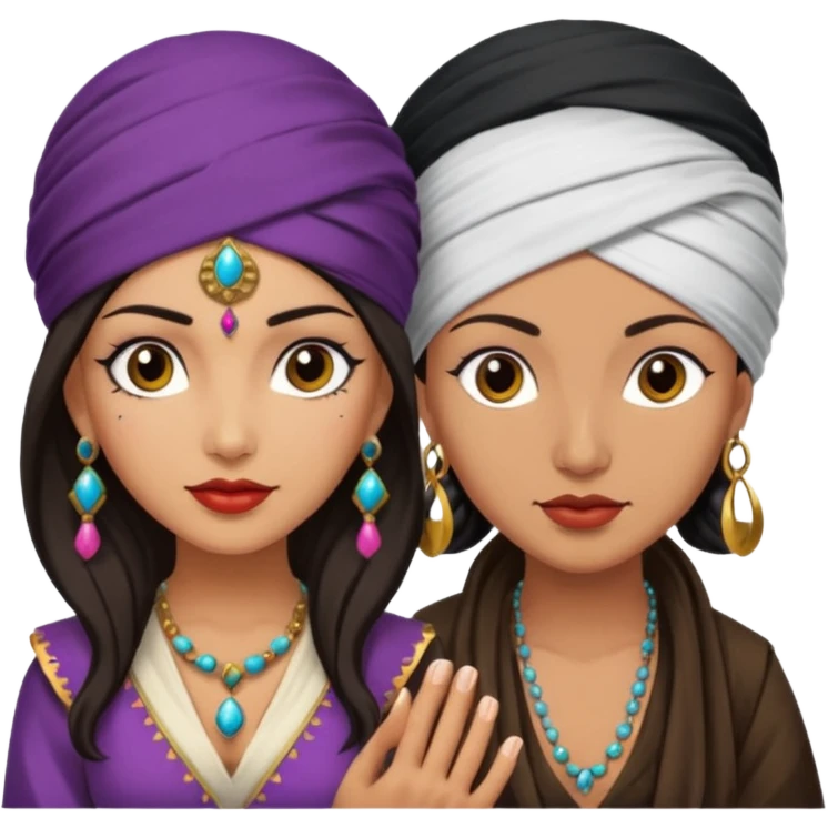 2 women one is an Asian Gypsy fortune teller with a turban and one is a Pirate with dark hair Latina emoji