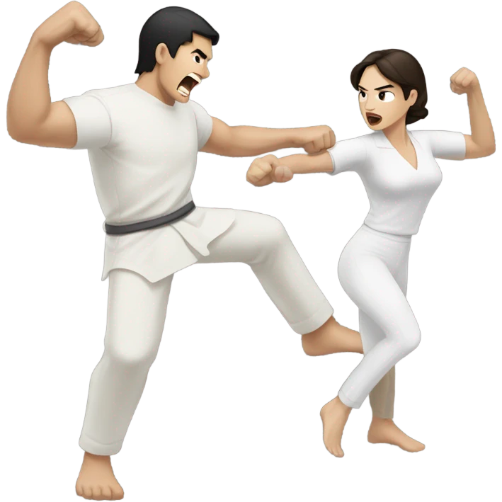 A pale half Asian man with short dark hair fighting a white woman with long wavy brunette hair emoji