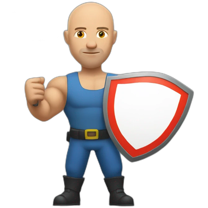 Bald muscular Man with a big round traffic sign in his hand which he uses as a shield emoji