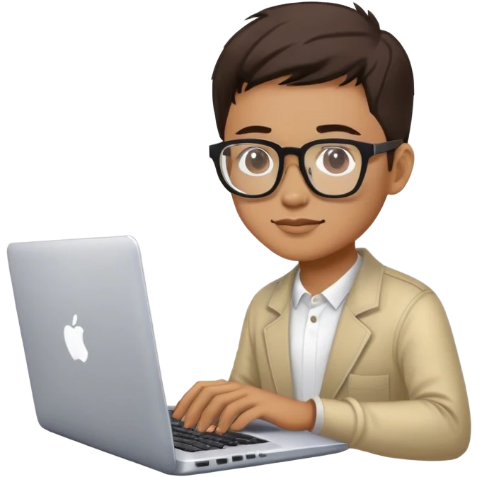 lập trình viên người Việt Nam, đeo kính, ngồi làm việc với chiếc laptop emoji