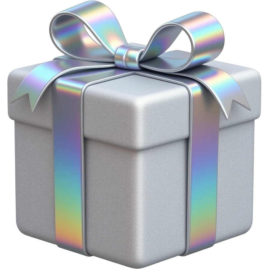 Hyperrealism wrapped gift, with a realistic, ultra detailed, holographic glitter with a slight prismatic rainbow effect ribbon, isolated, 3D rendering, 8k hd, 600 dpi. No emoji icons, no emoji faces  emoji