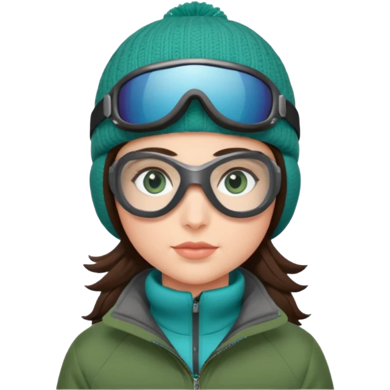 skiing brunette with blue eyes in a deep green jacket emoji