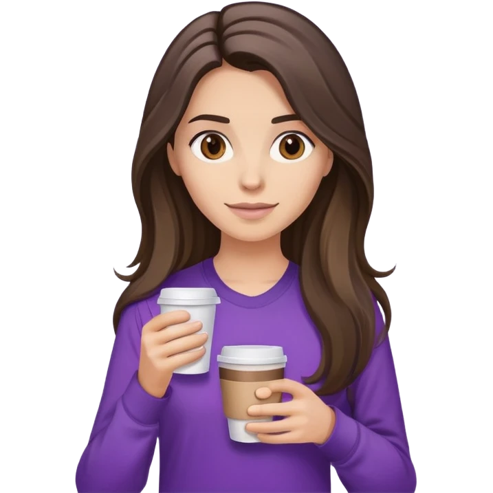 Long haired brunette with highlights holding coffee in a purple shirt emoji