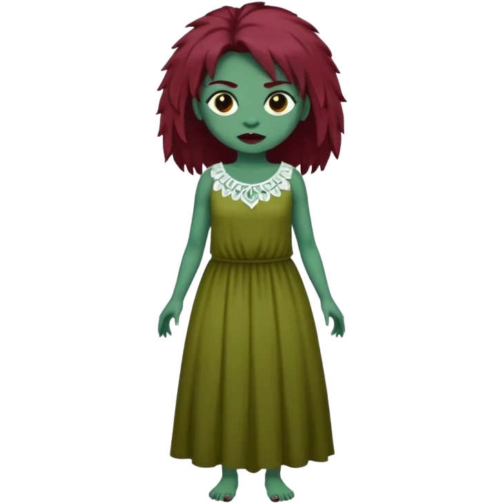 Faça uma garota com pele verde e que seja zombie, que tenha cabelo grande da cor vermelho marsala e que tenha uma franja e que seja liso mais enrolado nas pontas, e que esteja vestindo um sobre tudo(vestido sem alça) da cor branca  emoji