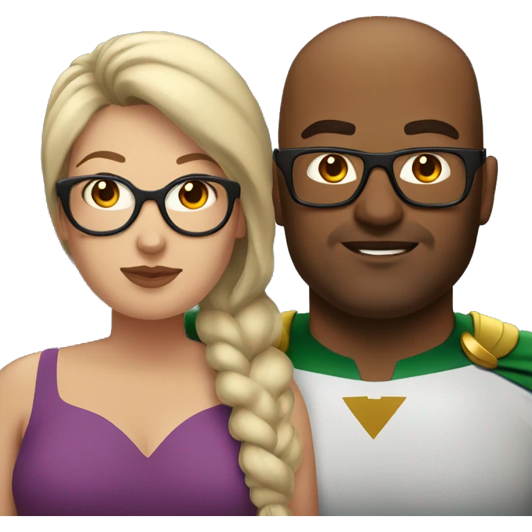 Plus sized super hero couple. Both wearing glasses. Man has shaved head. Woman has brown hair.  emoji