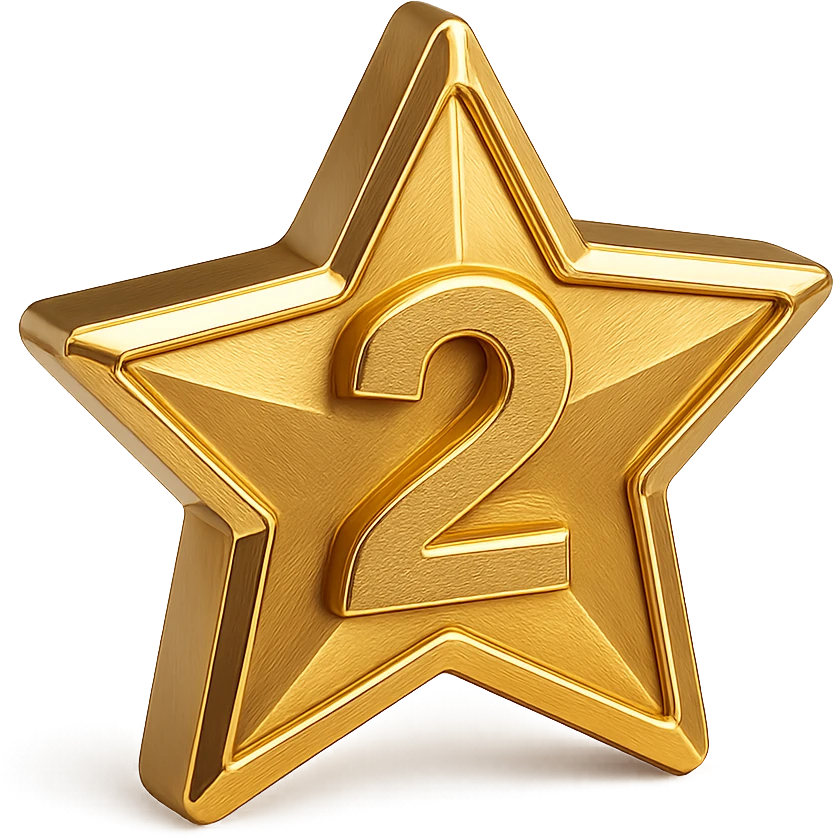 gold rating star emoji with the number 2 in the center, clear and bold emoji