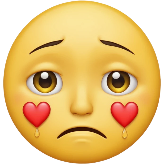A yellow circular frowning face that is crying, with hearts floating from top to bottom emoji