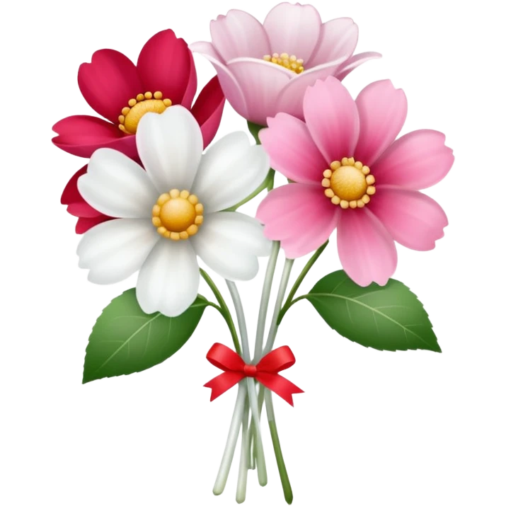 One pink flower and one white flower in transparent bouquet with red band  emoji