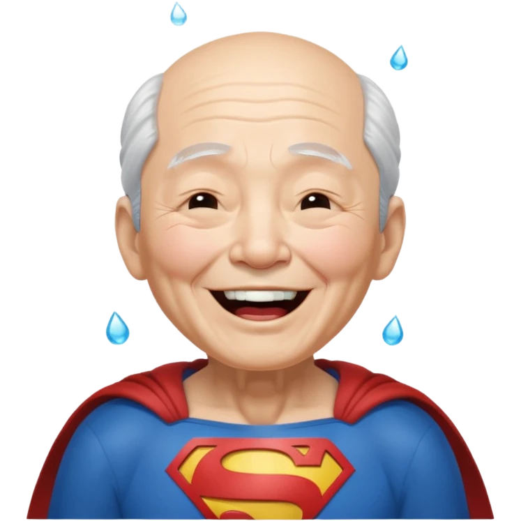 Chinese elderly dressed as Superman laughing exeedingly with closed eyes and tear drops emoji