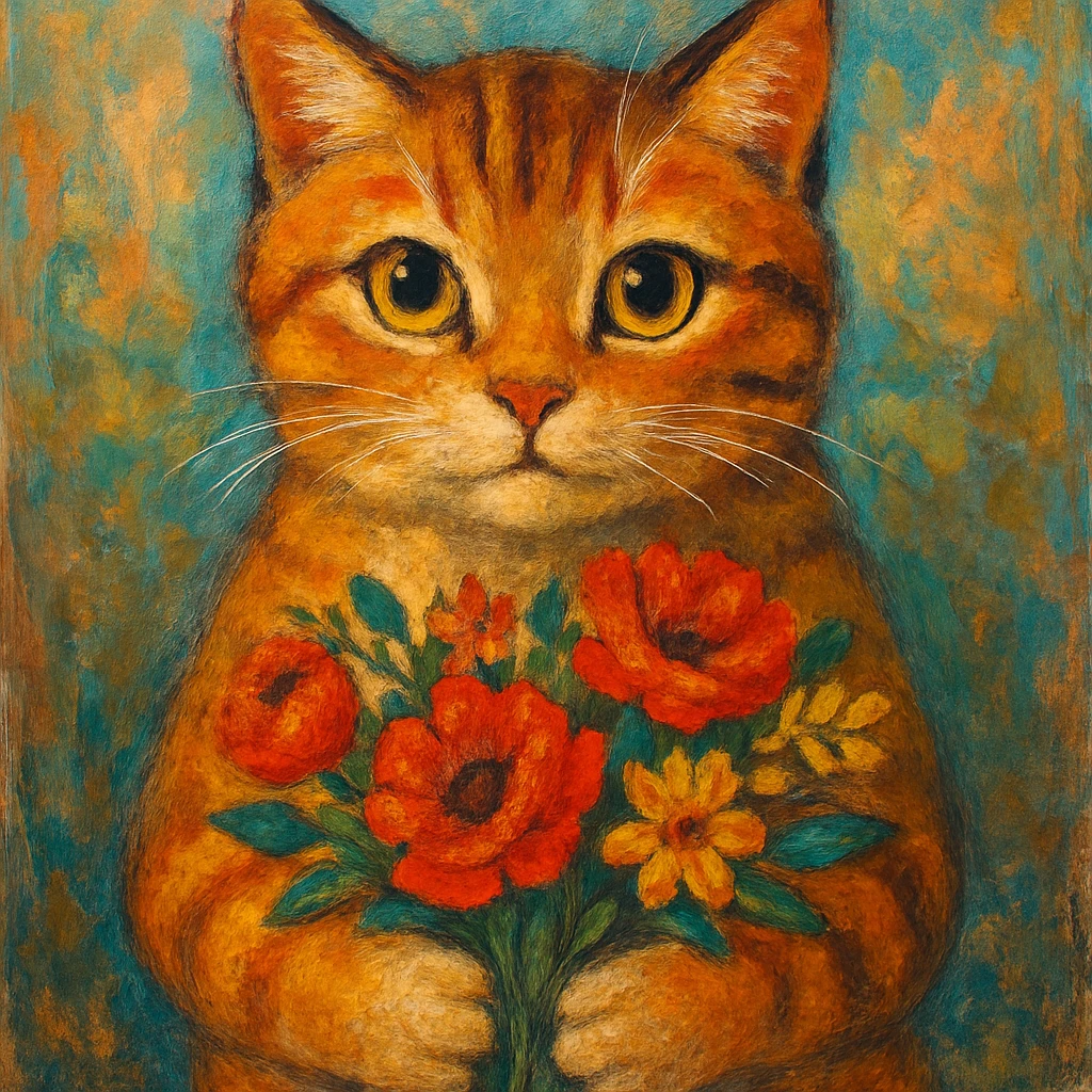 a cat holding flowers, diverse artistic styles, style 2 emoji