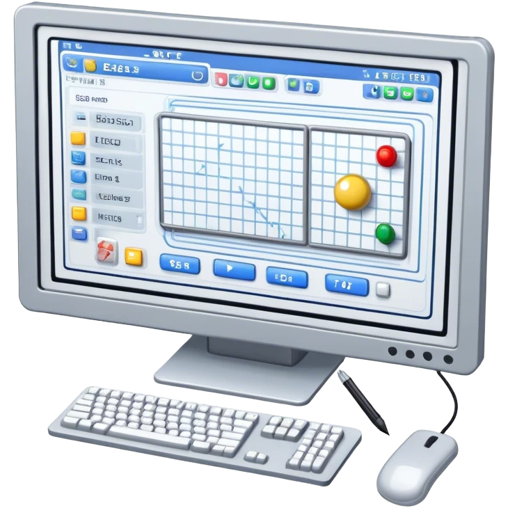 Emoji for Game Design: computer screen with Professional game interface, 3D models, pixel art, and design tools like grid, wireframe, and stylus. Symbolizes the technical and creative process of game development. Transparent background. emoji