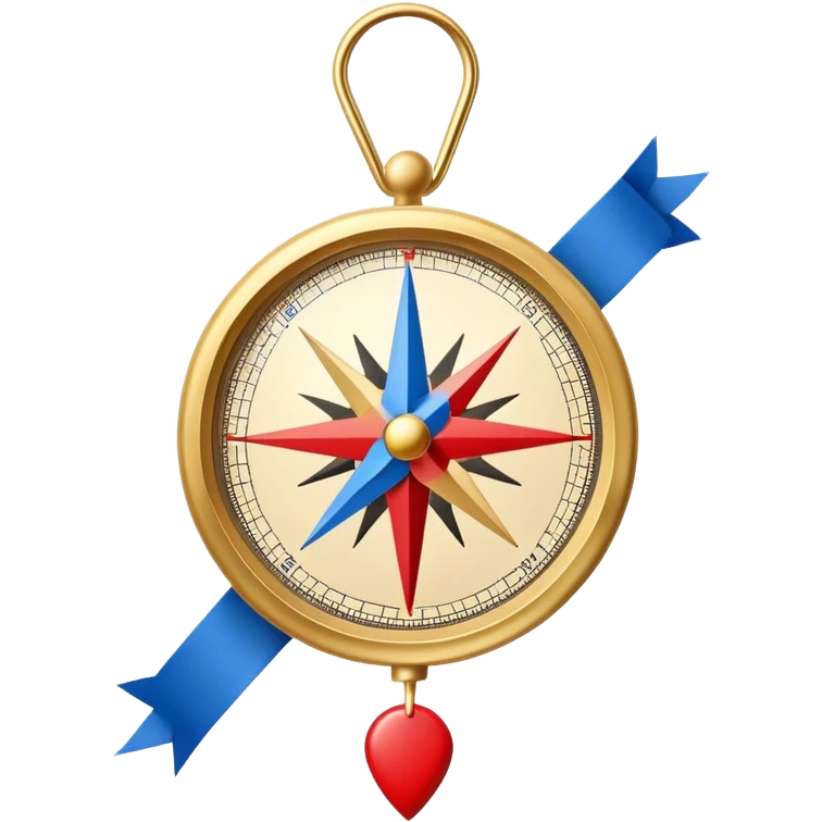 iOS compass with gold trim and blue and red direction markers hanging from a white ribbon emoji