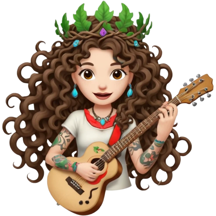 woman with long curly brown hair, brown eyes, white skin, tattoos, wearing a mushroom crown and tuning a neon vine guitar, mischievous rock grin emoji