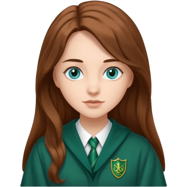 young woman with long brown hair and blue eyes. She is wearing Slytherin school robes  emoji