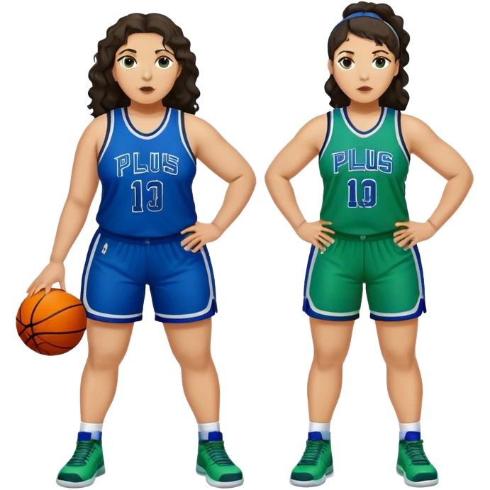 full body plus size light skin latino women basketball player with wavy dark hair large wide nose wearing blue with green uniform emoji