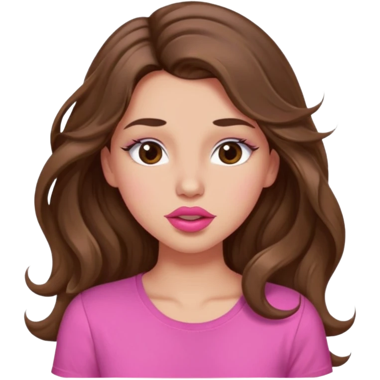 girl with long wavy brown hair, brown eyes, light to medium complexion, in a pink shirt, pink lips, long lashes, puckering lips kissing, winking emoji