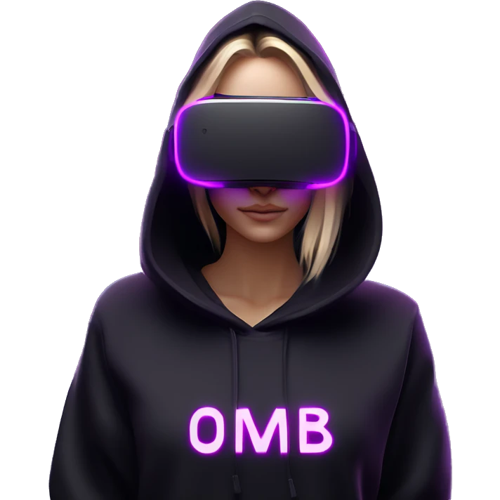 Russian girl wearing black hoody with violet letters "OMG", in vr headset oculus quest2. Standing like jedi. Cyberpunk style. Violet neon. emoji