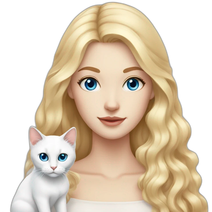 White woman with long blonde hair, blue eyes, white cat with heterochromia emoji