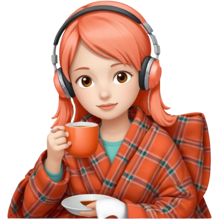 Девушка в пледе кораллового цвета пьет чай и на ней наушники emoji
