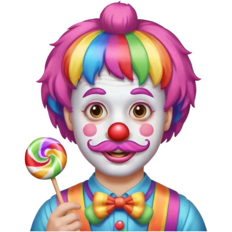 Funny clown — rainbow wig, mustache, candy in hand emoji