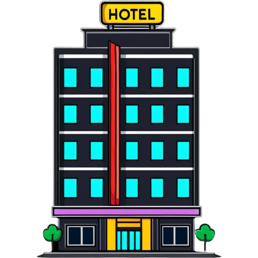 tall hotel building with illuminated sign and entrance emoji