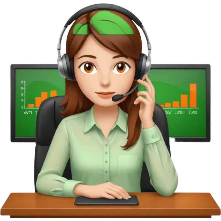a woman, brown hair, middle european, sitting in the office, wearing a blouse and a headset. she is controling the limits on screen. green = ok, orange = am Limit, rot = überschritten emoji