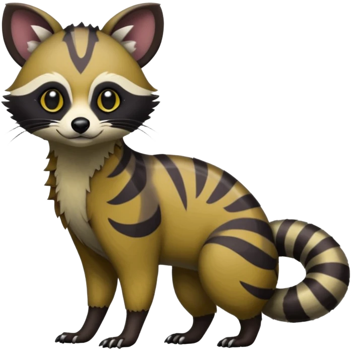Rare warm-colored exotic edgy epic aesthetic gloomy spooky dark modern colorful cyber-Genet-Trico-Tanuki-Civet-species-Fakemon-hybrid-creature, with beautiful intricate markings, full body emoji