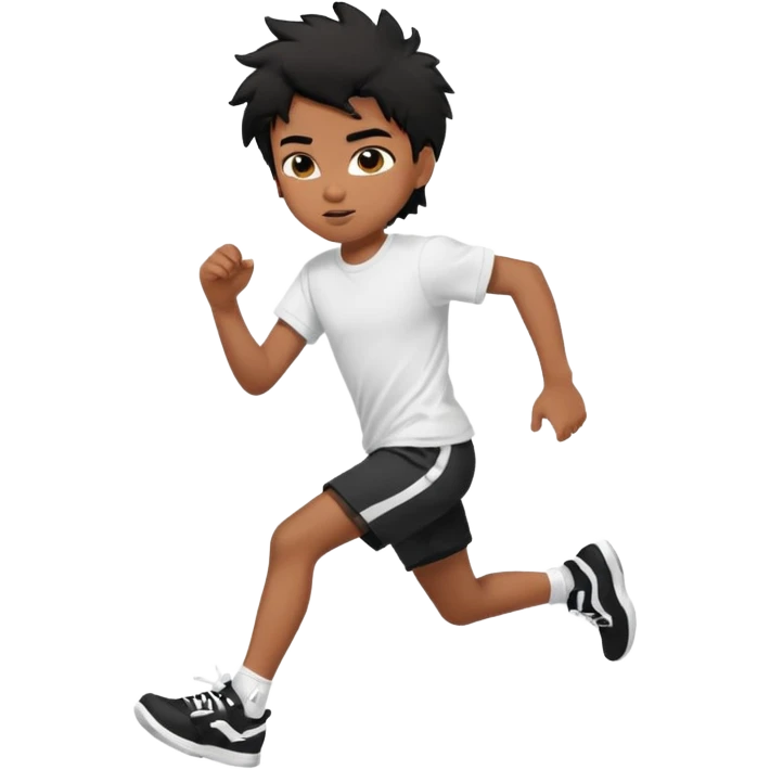 generate a pretty bratz brown skinned boy with black messy hair wearing a white tshirt and black running shorts. running on the street with white sneakers emoji