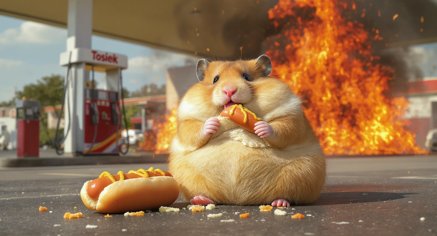 A portrait of a fat hamster eating hotdog on gas station, gas station is in fire, other hamster fun away, sunny day, back light explosion , gas station named "Tosiek" emoji