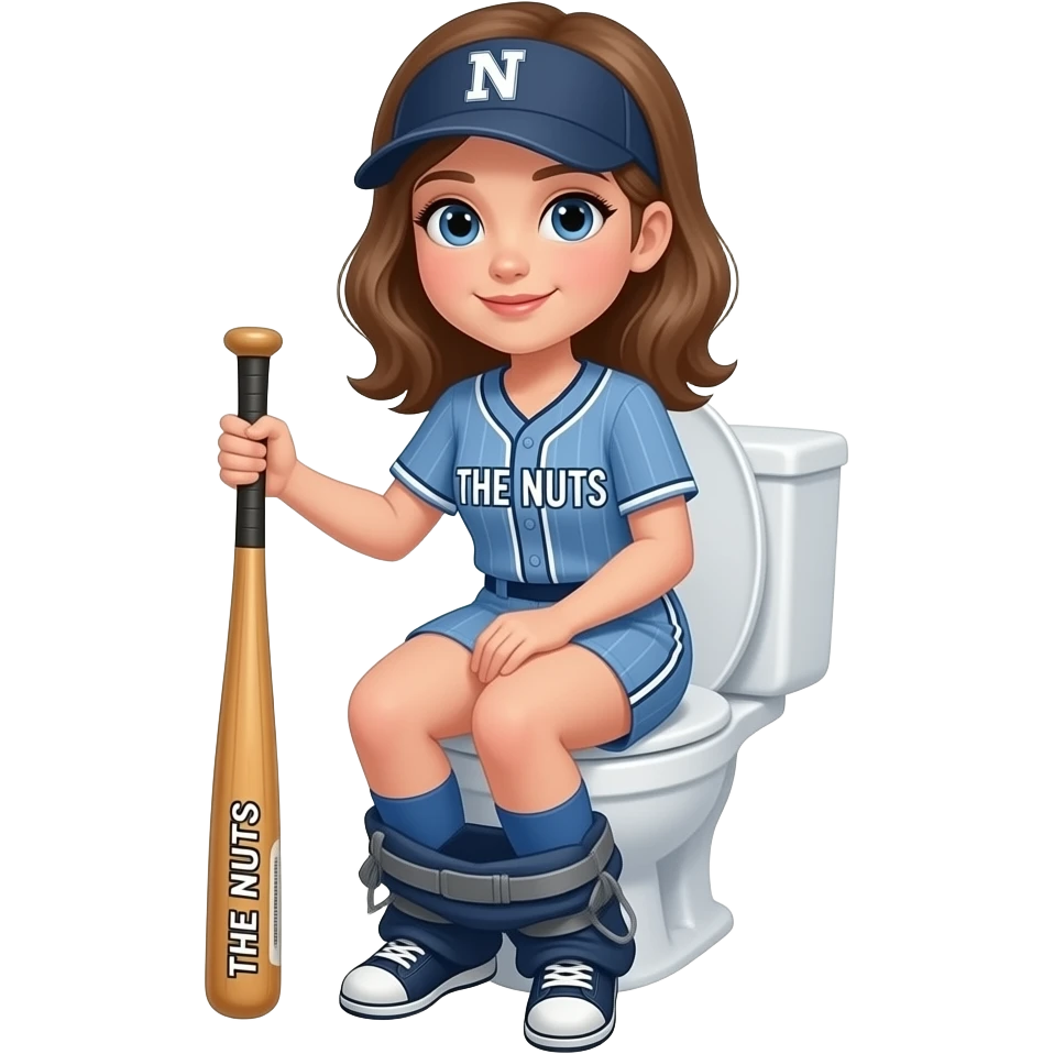 GIRL ON TOILET IN A SOFTBALL UNIFORM HOLDING A BAT UNIFORM NAME SAYS "THE NUTS" emoji