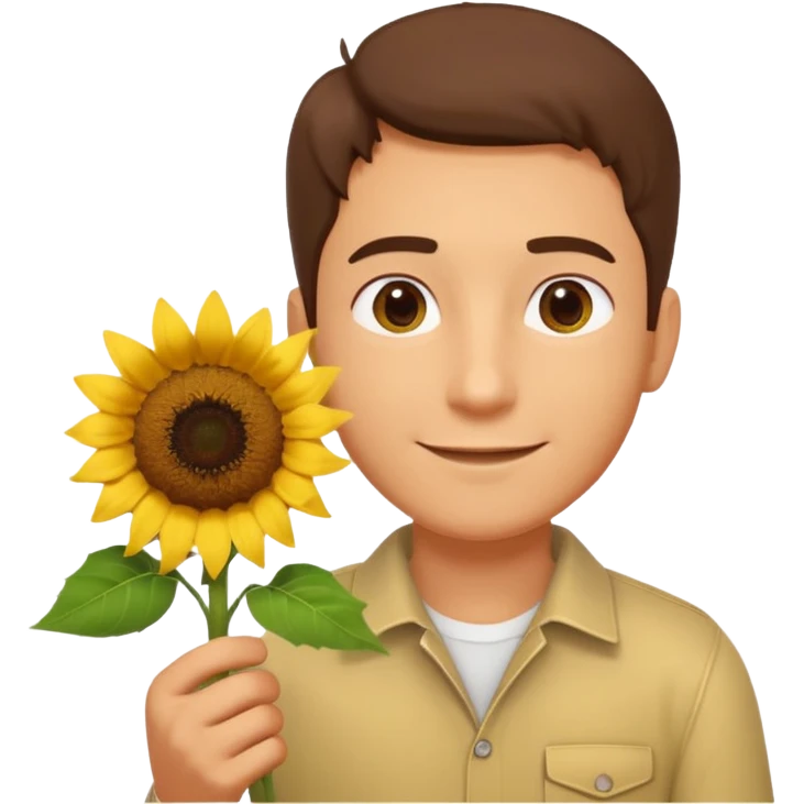 man holding a sunflower portrait, head and shoulders only, gentle smile, sunflower visible in hand, warm positive vibe, 3D cartoon style, mobile game icon style, clean background, no text, no watermark
 emoji