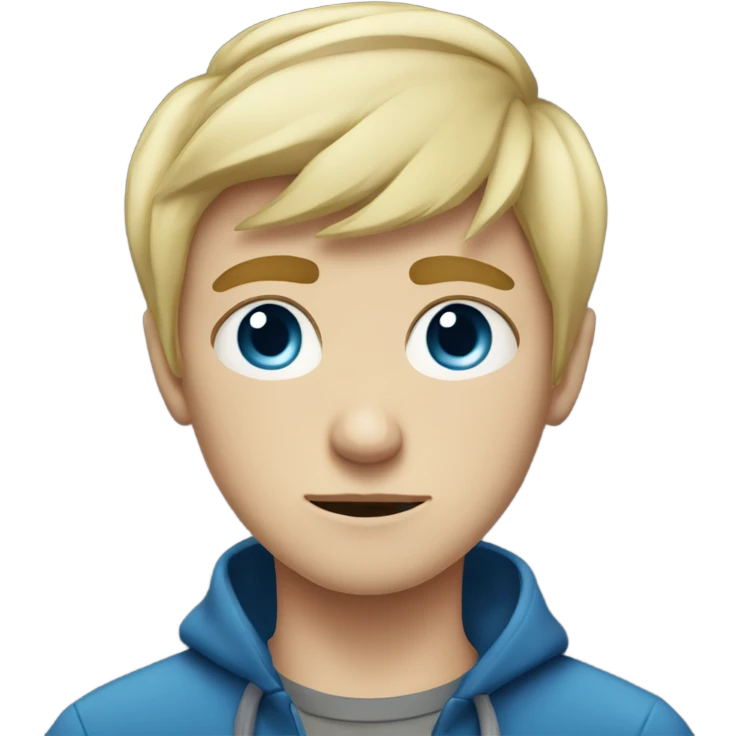 Blond teen boy with medium short hair, blue eyes, glum emoji