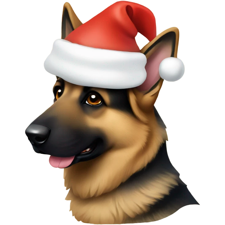 German shepherd doing a head tilt with a Santa hat emoji