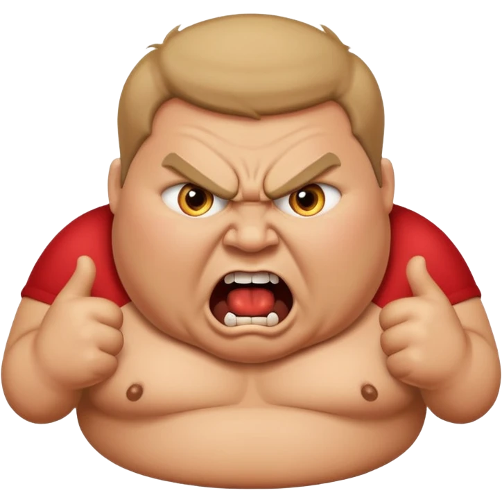 obese man shouting with bulging eyes and angry expression, the word 'PRONOUNS' at the top, Apple emoji style emoji