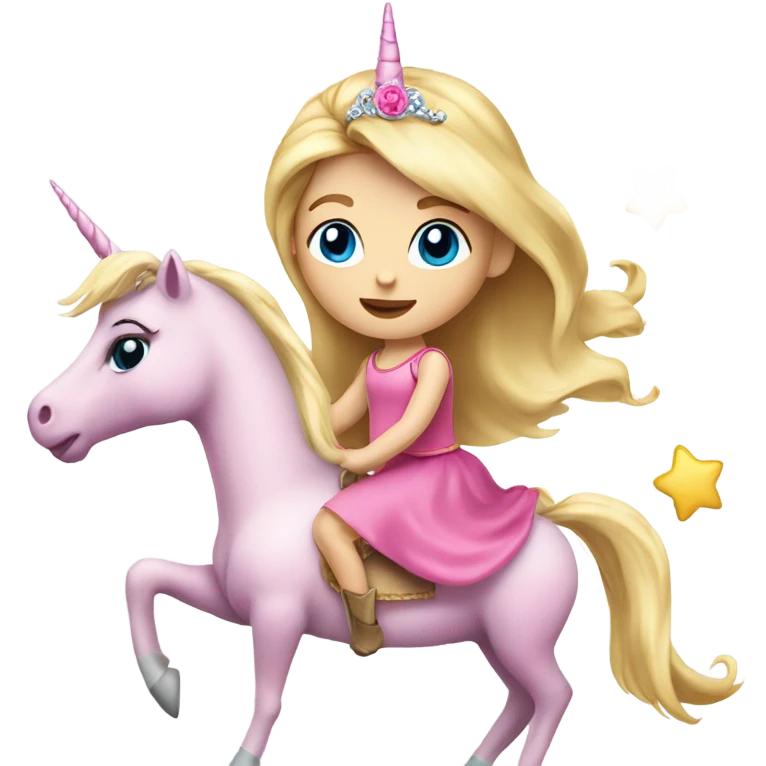 Little girl, long blonde girl, blue eyes in a princess dress riding a big pink unicorn  emoji